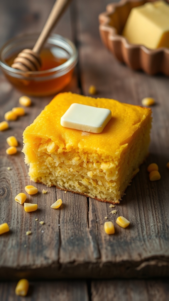A slice of sweet cornbread with melting butter on a wooden table, accompanied by honey.